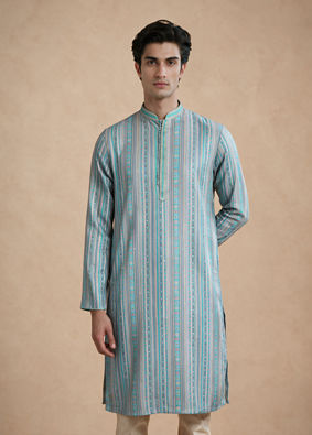 Manyavar Men Aqua Green Blended Cotton Kurta Pajama with Embroidery