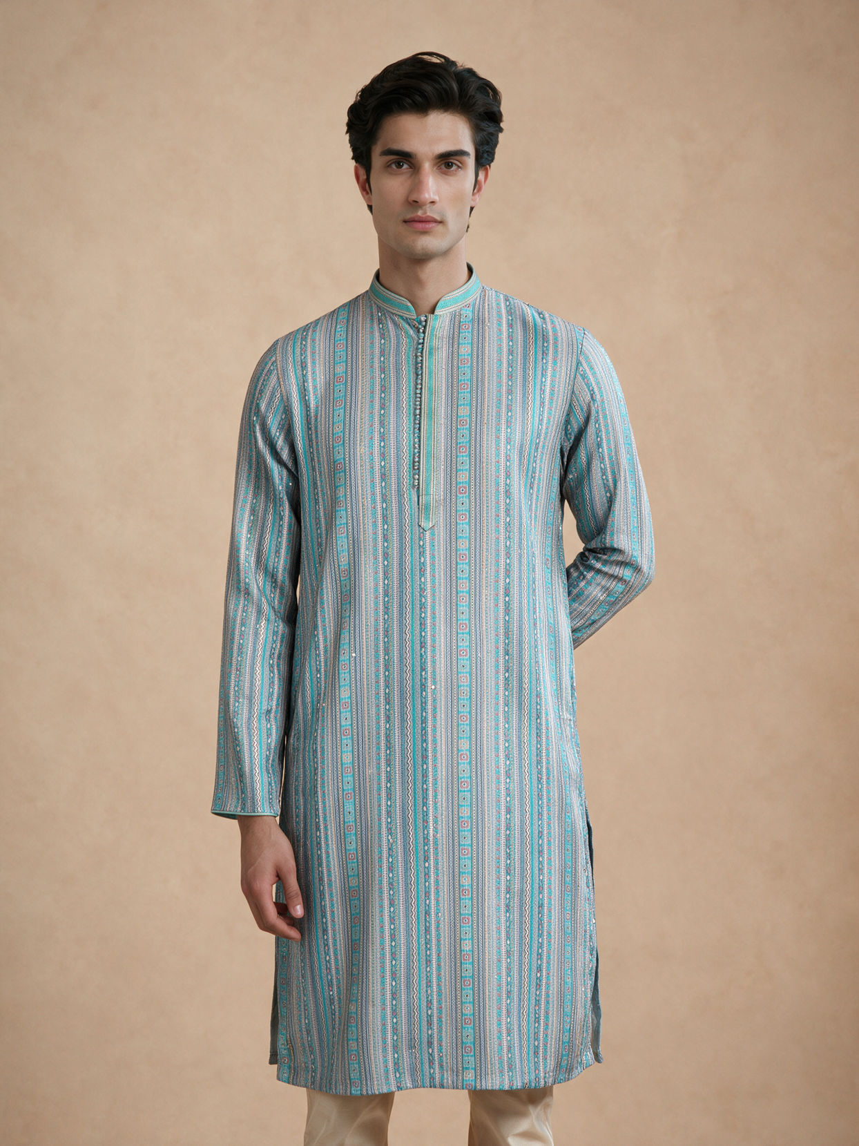 Manyavar Men Aqua Green Blended Cotton Kurta Pajama with Embroidery