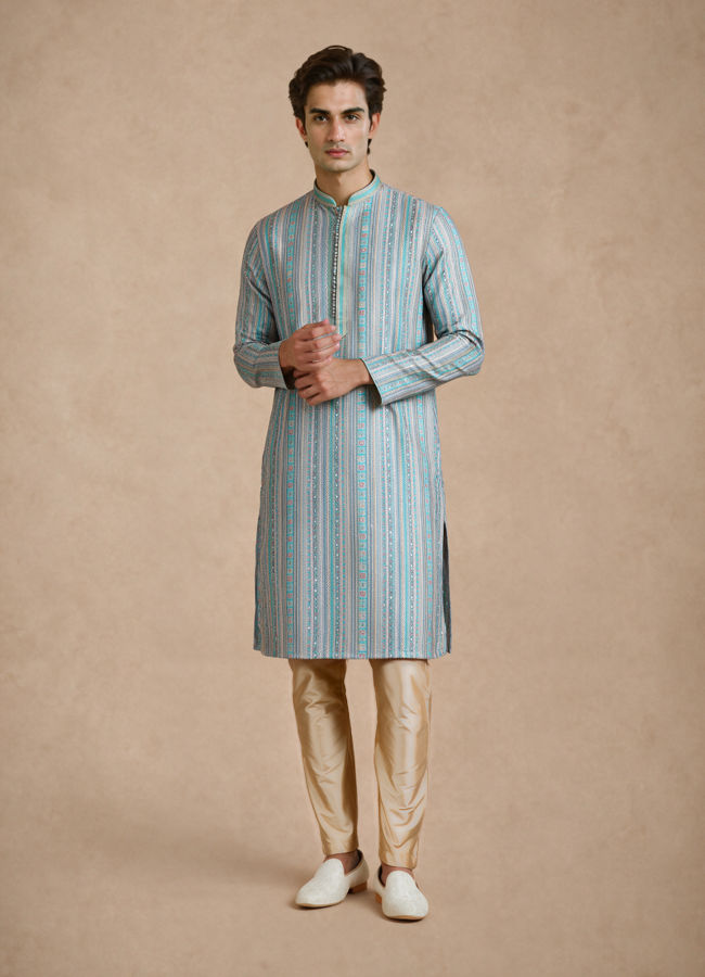 Manyavar Men Aqua Green Blended Cotton Kurta Pajama with Embroidery