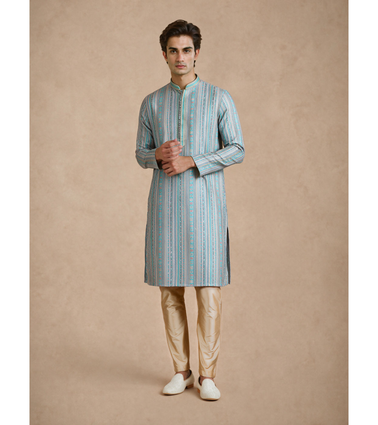 Manyavar Men Aqua Green Blended Cotton Kurta Pajama with Embroidery