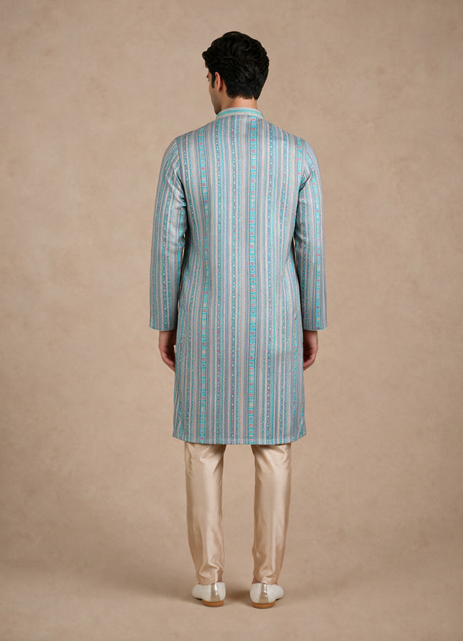 Manyavar Men Aqua Green Blended Cotton Kurta Pajama with Embroidery