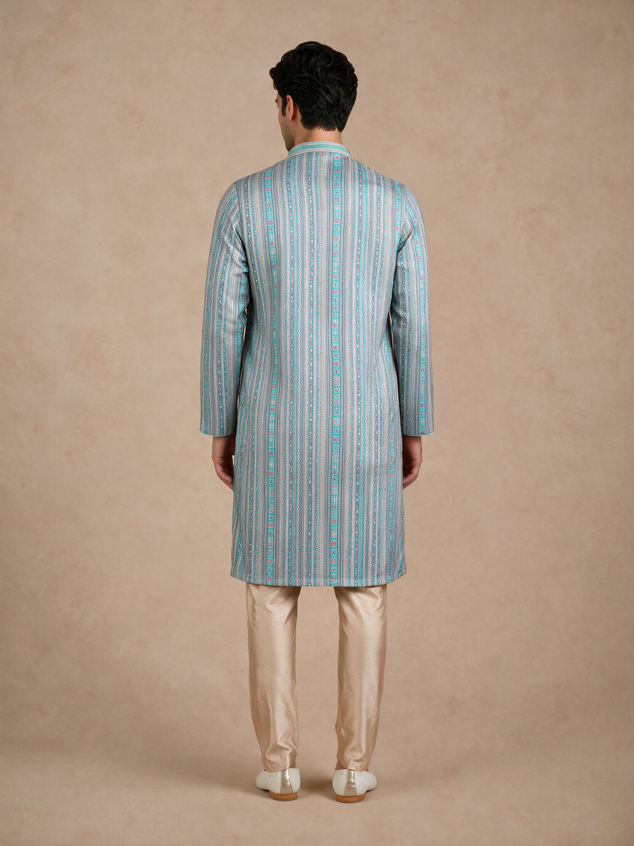 Manyavar Men Aqua Green Blended Cotton Kurta Pajama with Embroidery