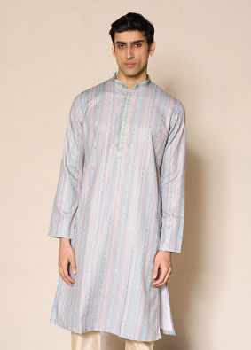 Manyavar Men Aqua Green Blended Cotton Kurta Pajama with Embroidery
