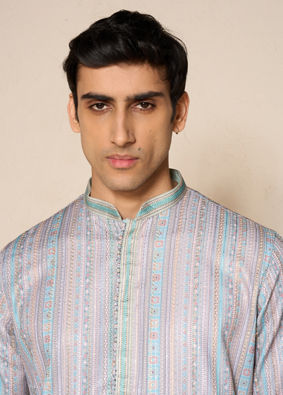 Manyavar Men Aqua Green Blended Cotton Kurta Pajama with Embroidery
