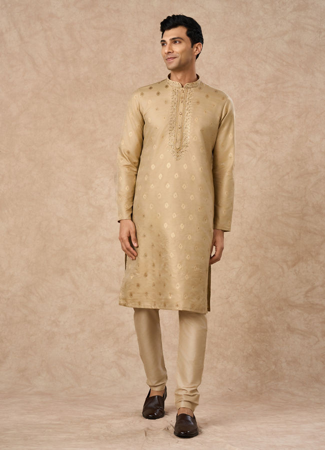Manyavar Men Beige Art Silk Kurta Pajama