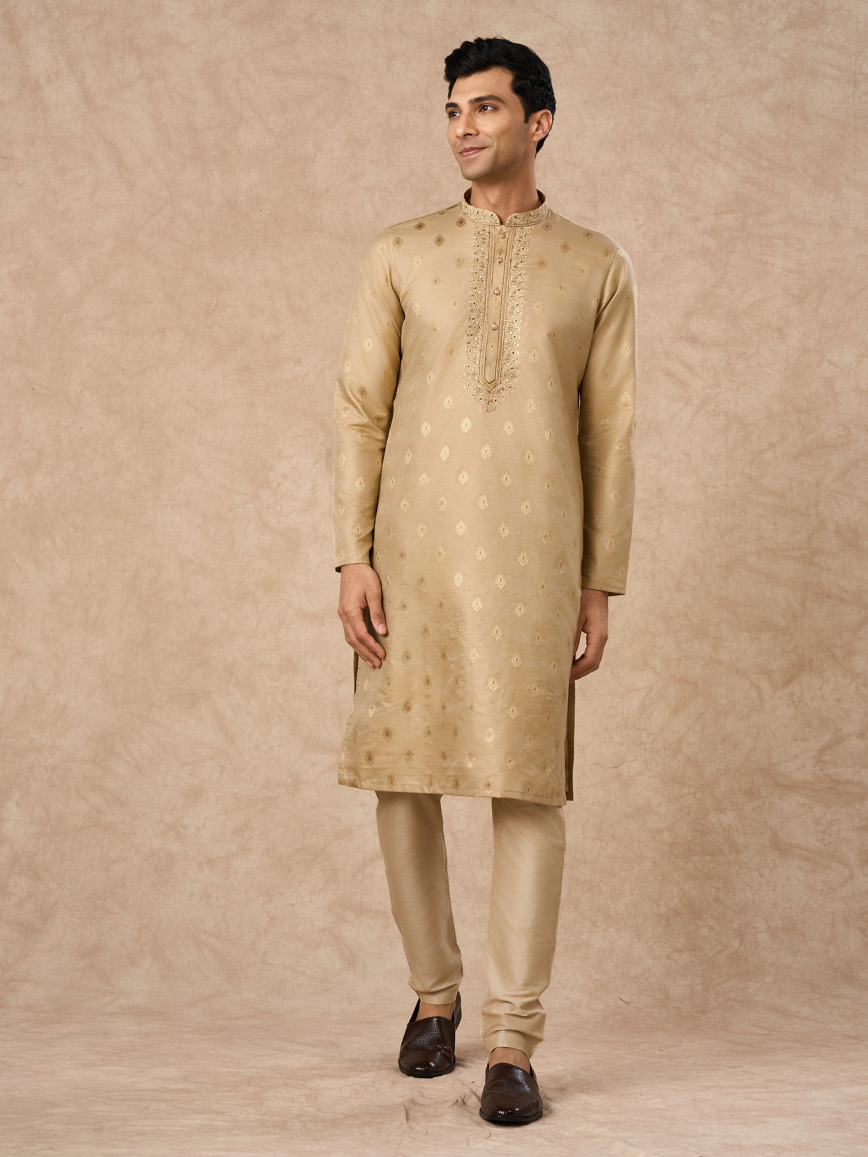 Manyavar Men Beige Art Silk Kurta Pajama