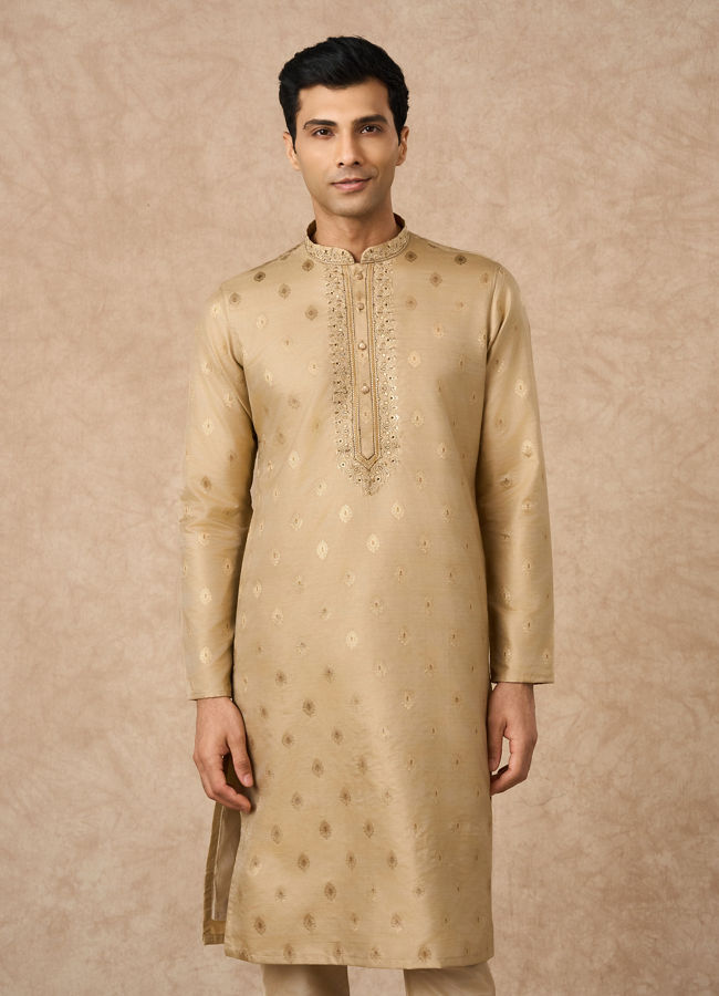 Manyavar Men Beige Art Silk Kurta Pajama