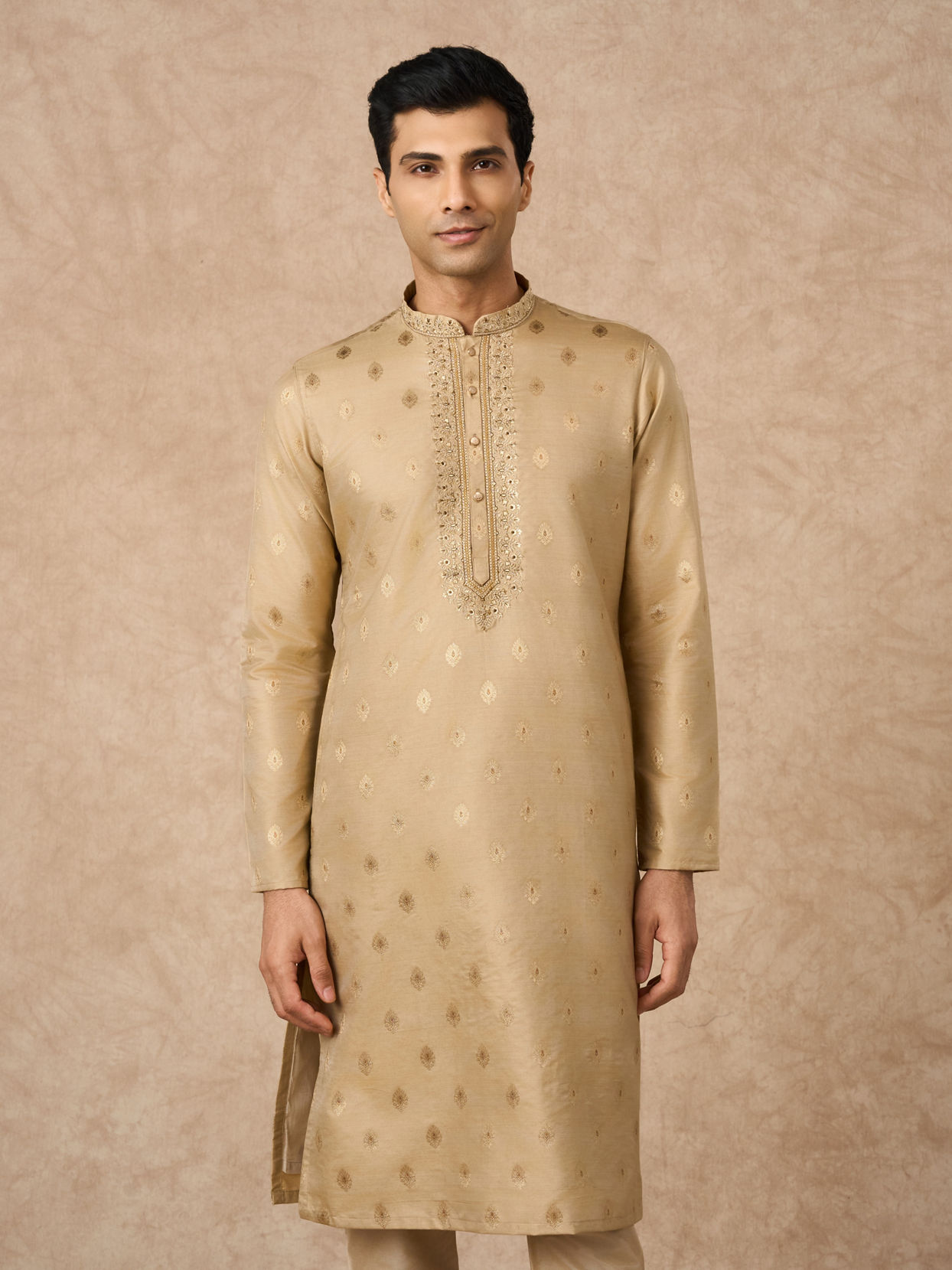 Manyavar Men Beige Art Silk Kurta Pajama