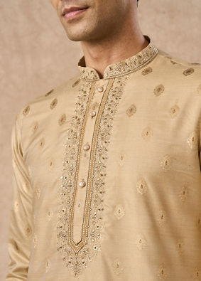 Manyavar Men Beige Art Silk Kurta Pajama