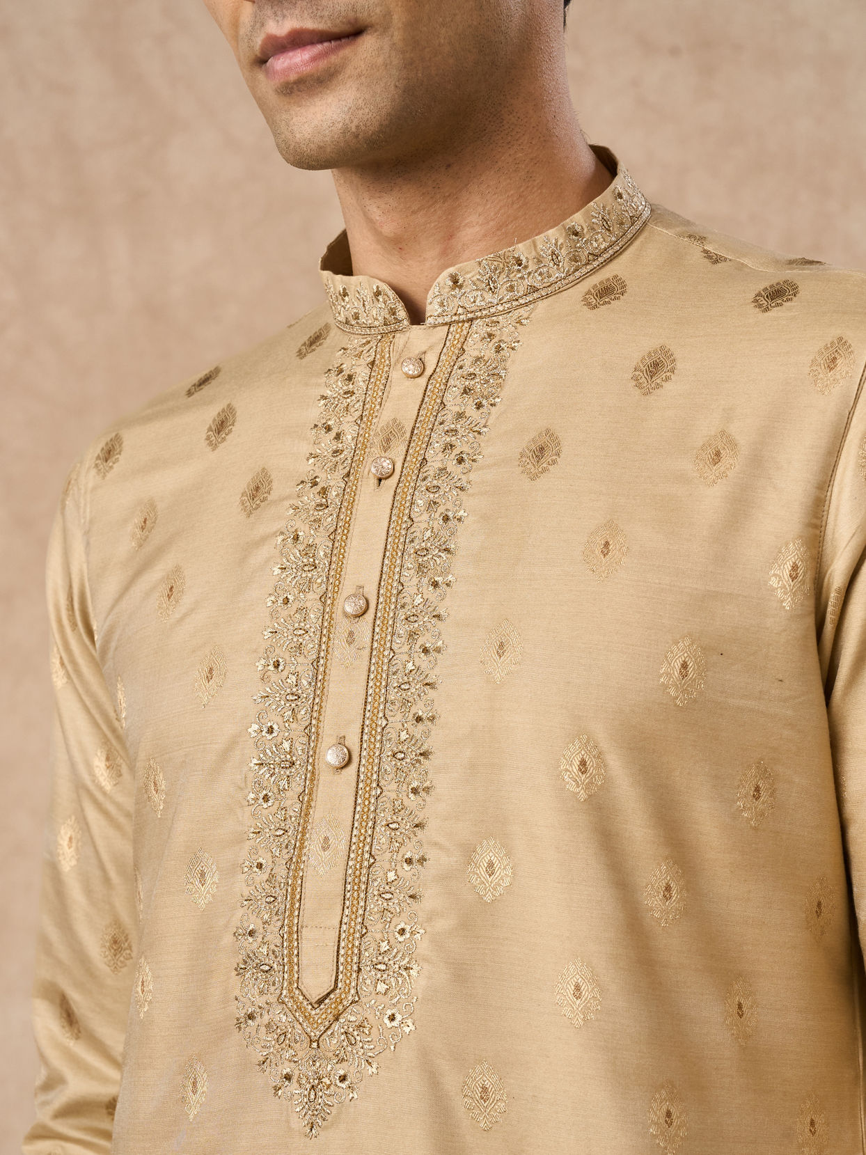 Manyavar Men Beige Art Silk Kurta Pajama
