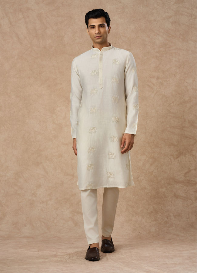 Manyavar Men Cream Blended Viscose Kurta Pajama