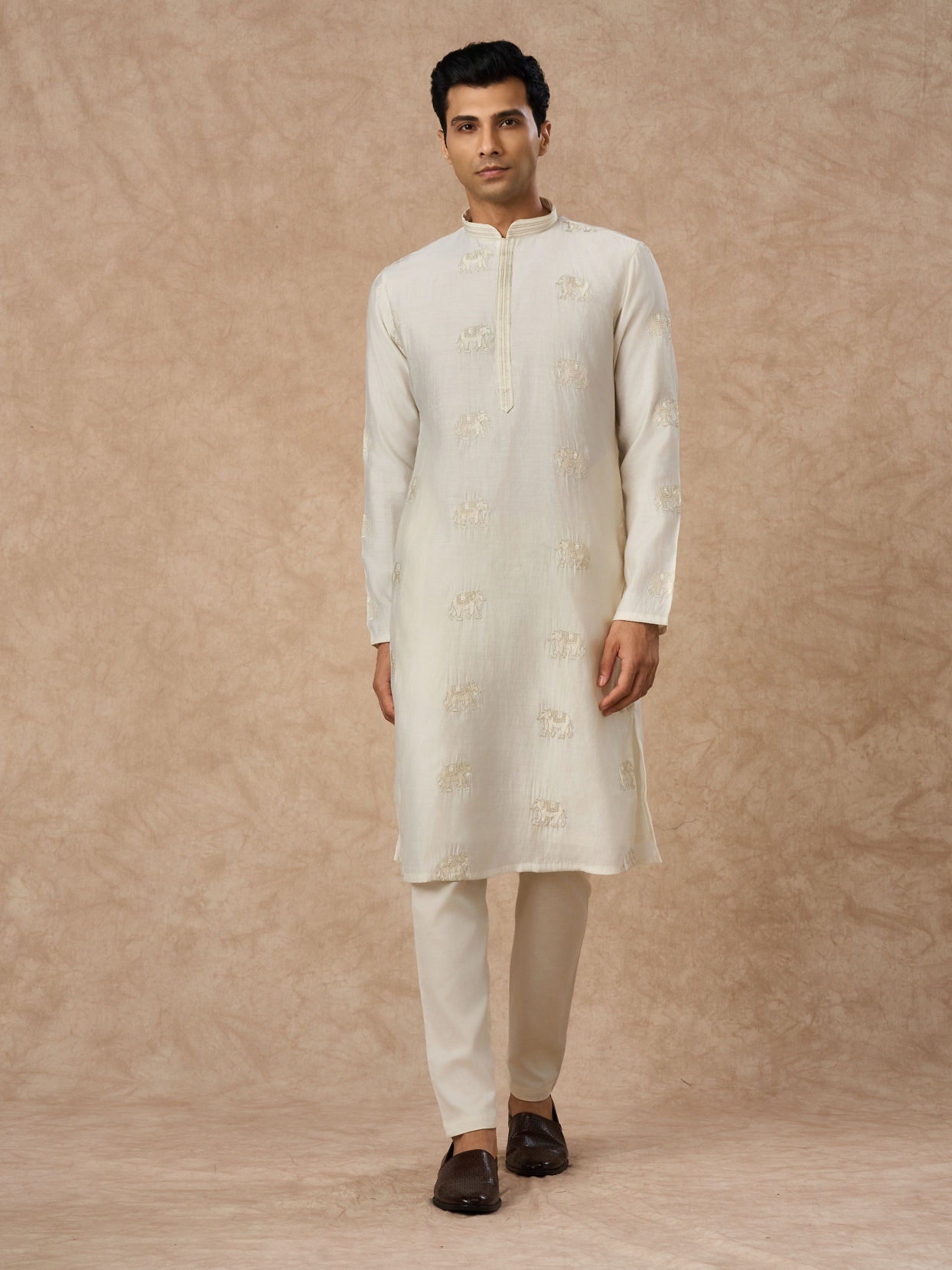 Manyavar Men Cream Blended Viscose Kurta Pajama