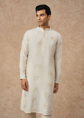 Manyavar Men Cream Blended Viscose Kurta Pajama