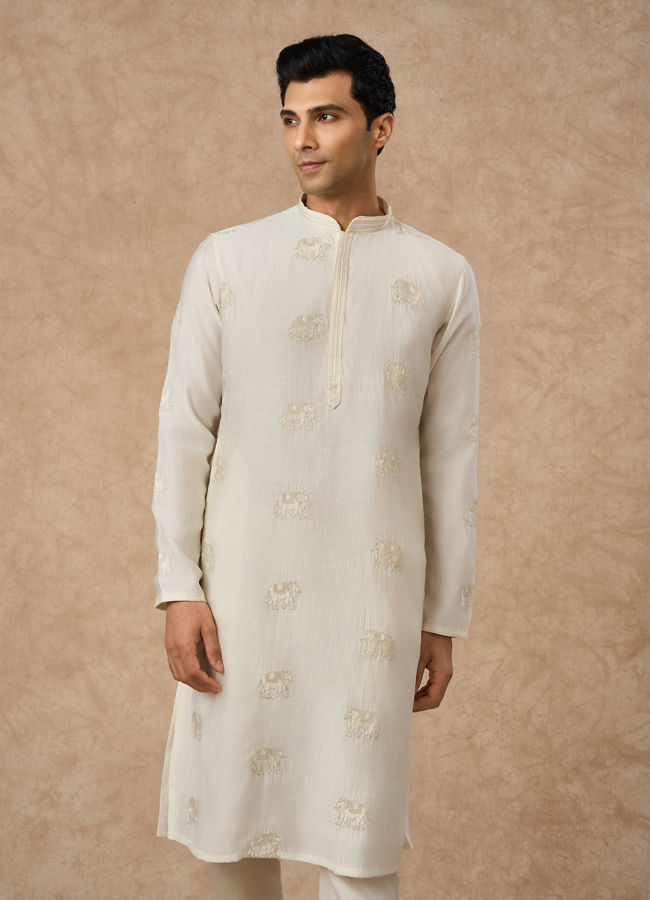 Manyavar Men Cream Blended Viscose Kurta Pajama