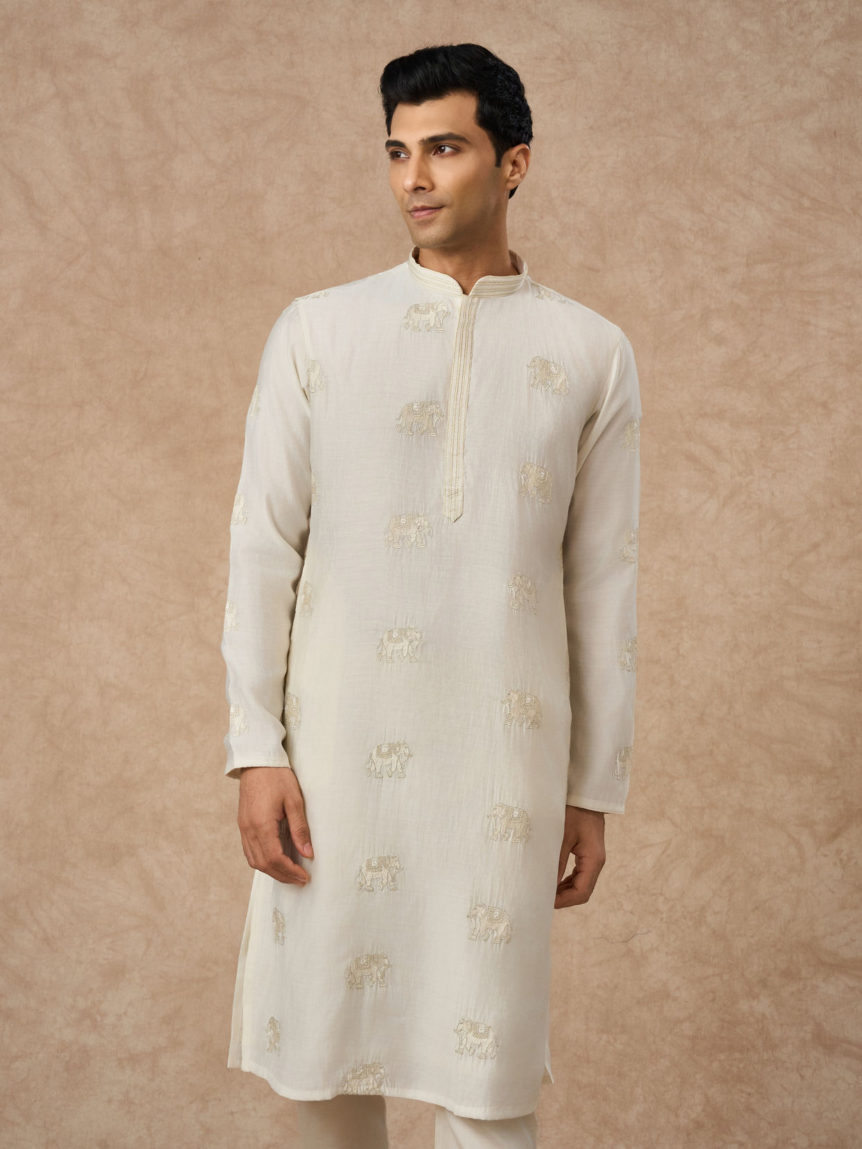 Manyavar Men Cream Blended Viscose Kurta Pajama