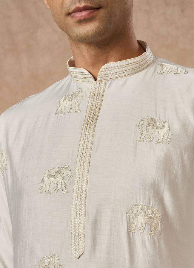 Manyavar Men Cream Blended Viscose Kurta Pajama