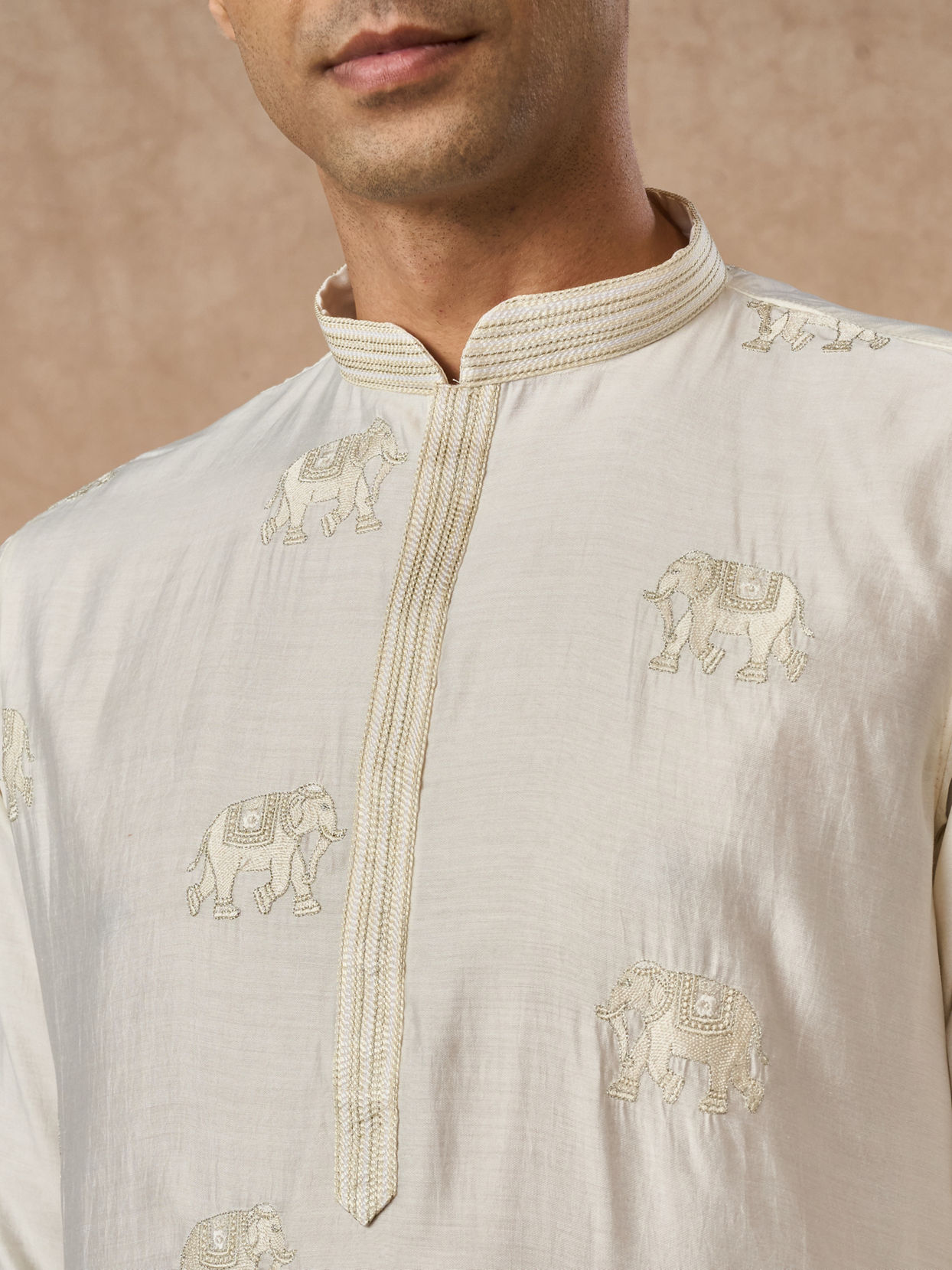 Manyavar Men Cream Blended Viscose Kurta Pajama