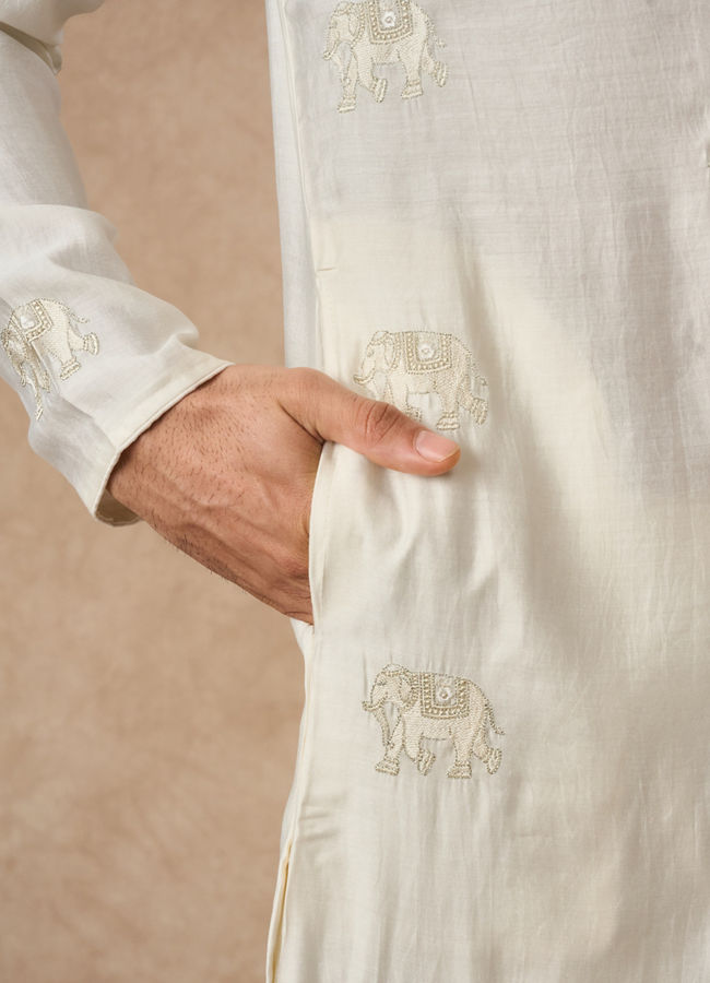 Manyavar Men Cream Blended Viscose Kurta Pajama