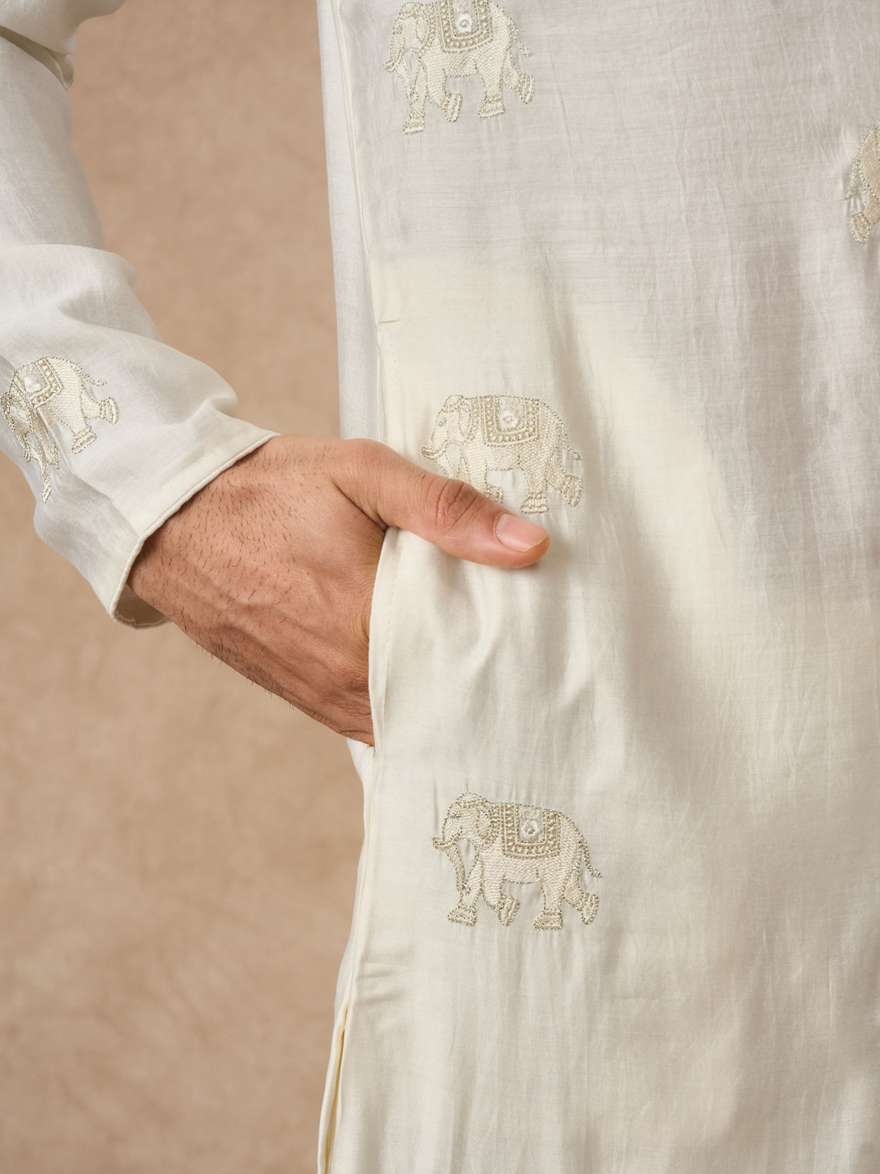 Manyavar Men Cream Blended Viscose Kurta Pajama