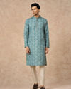 Manyavar Men Aqua Green Blended Cotton Printed Kurta Pajama