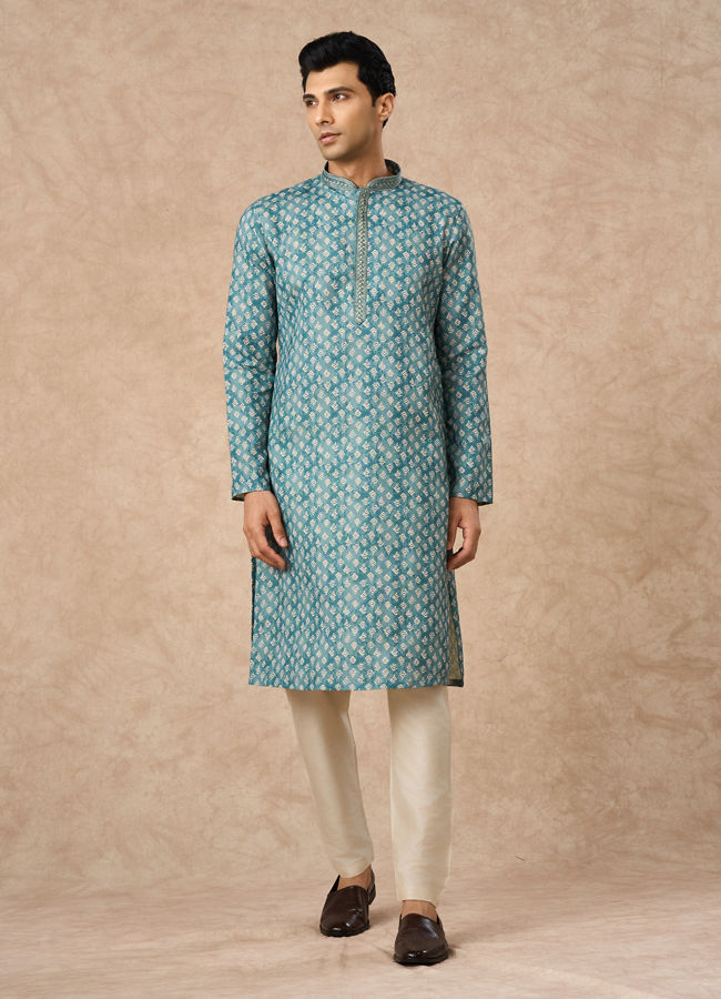 Manyavar Men Aqua Green Blended Cotton Printed Kurta Pajama