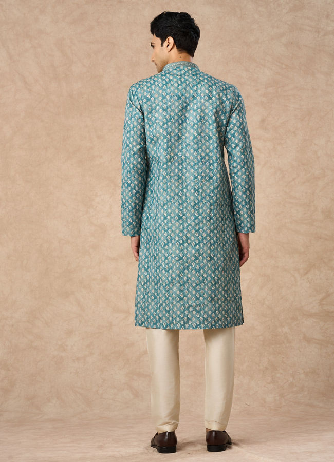 Manyavar Men Aqua Green Blended Cotton Printed Kurta Pajama