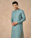 Manyavar Men Aqua Green Blended Cotton Printed Kurta Pajama