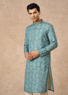 Manyavar Men Aqua Green Blended Cotton Printed Kurta Pajama