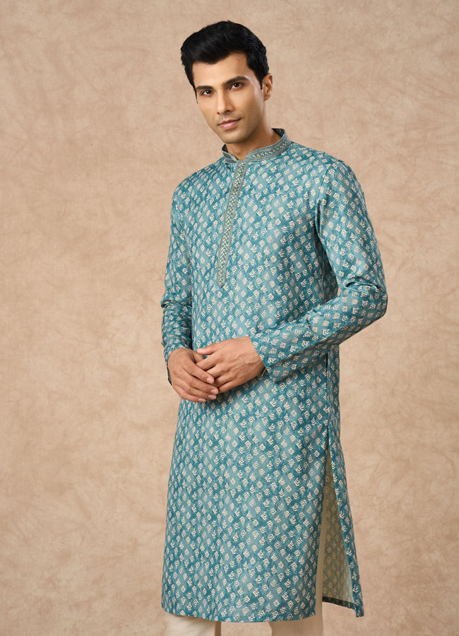 Manyavar Men Aqua Green Blended Cotton Printed Kurta Pajama