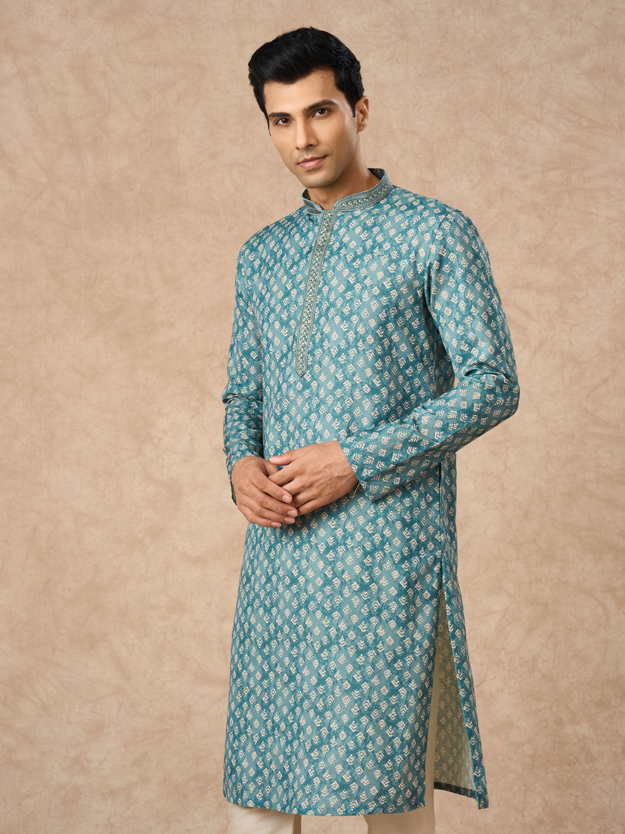 Manyavar Men Aqua Green Blended Cotton Printed Kurta Pajama