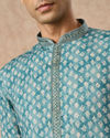 Manyavar Men Aqua Green Blended Cotton Printed Kurta Pajama