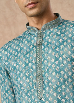 Manyavar Men Aqua Green Blended Cotton Printed Kurta Pajama