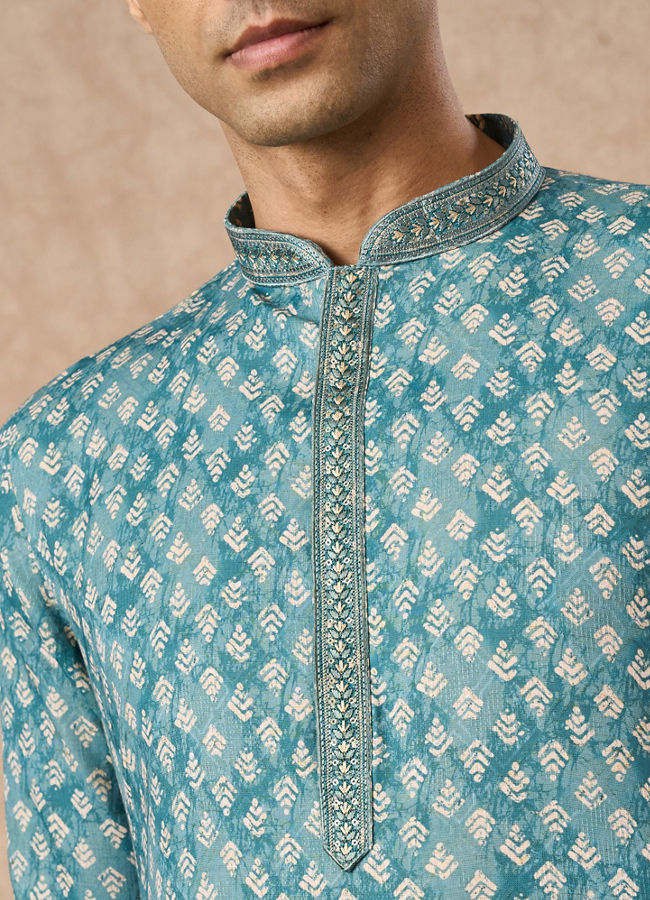 Manyavar Men Aqua Green Blended Cotton Printed Kurta Pajama