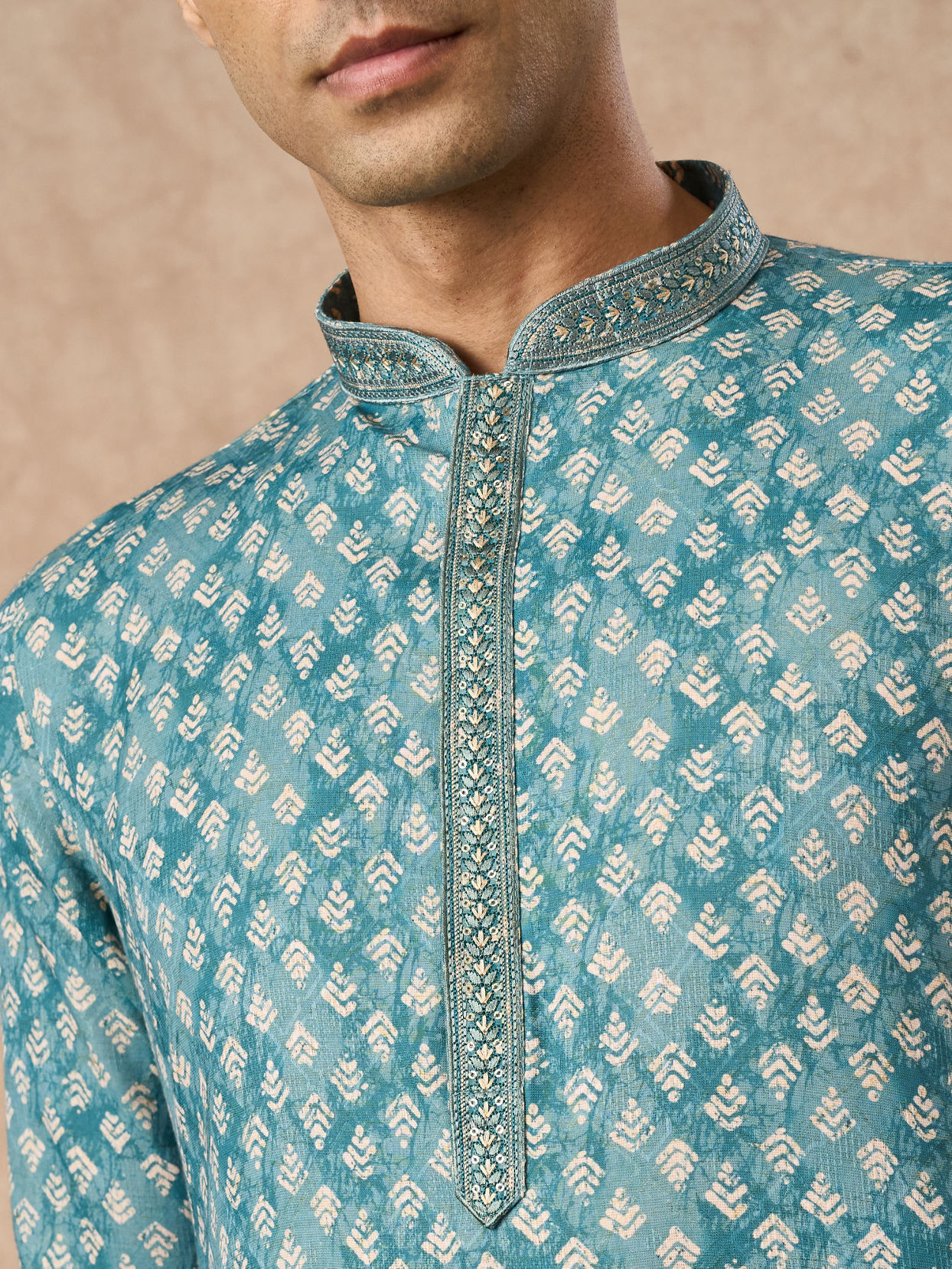 Manyavar Men Aqua Green Blended Cotton Printed Kurta Pajama