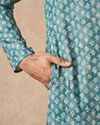 Manyavar Men Aqua Green Blended Cotton Printed Kurta Pajama