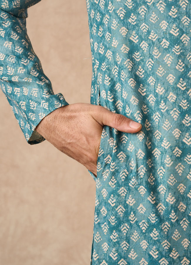 Manyavar Men Aqua Green Blended Cotton Printed Kurta Pajama