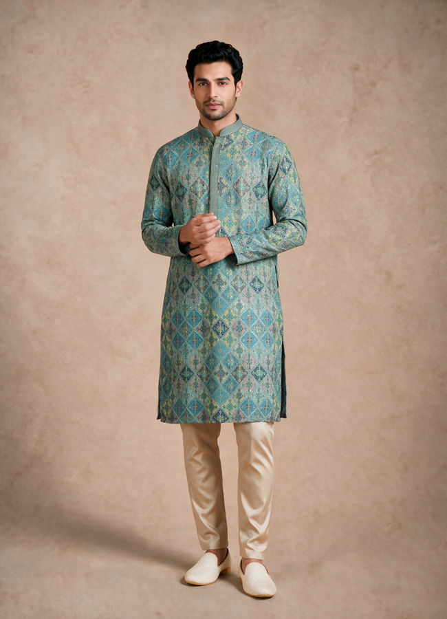 Manyavar Men Green Chikankari Blended Cotton Kurta Pajama Set