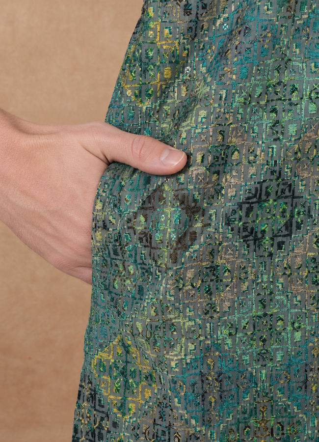Manyavar Men Green Chikankari Blended Cotton Kurta Pajama Set