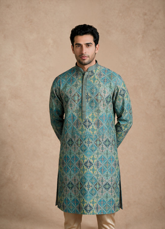 Manyavar Men Green Chikankari Blended Cotton Kurta Pajama Set