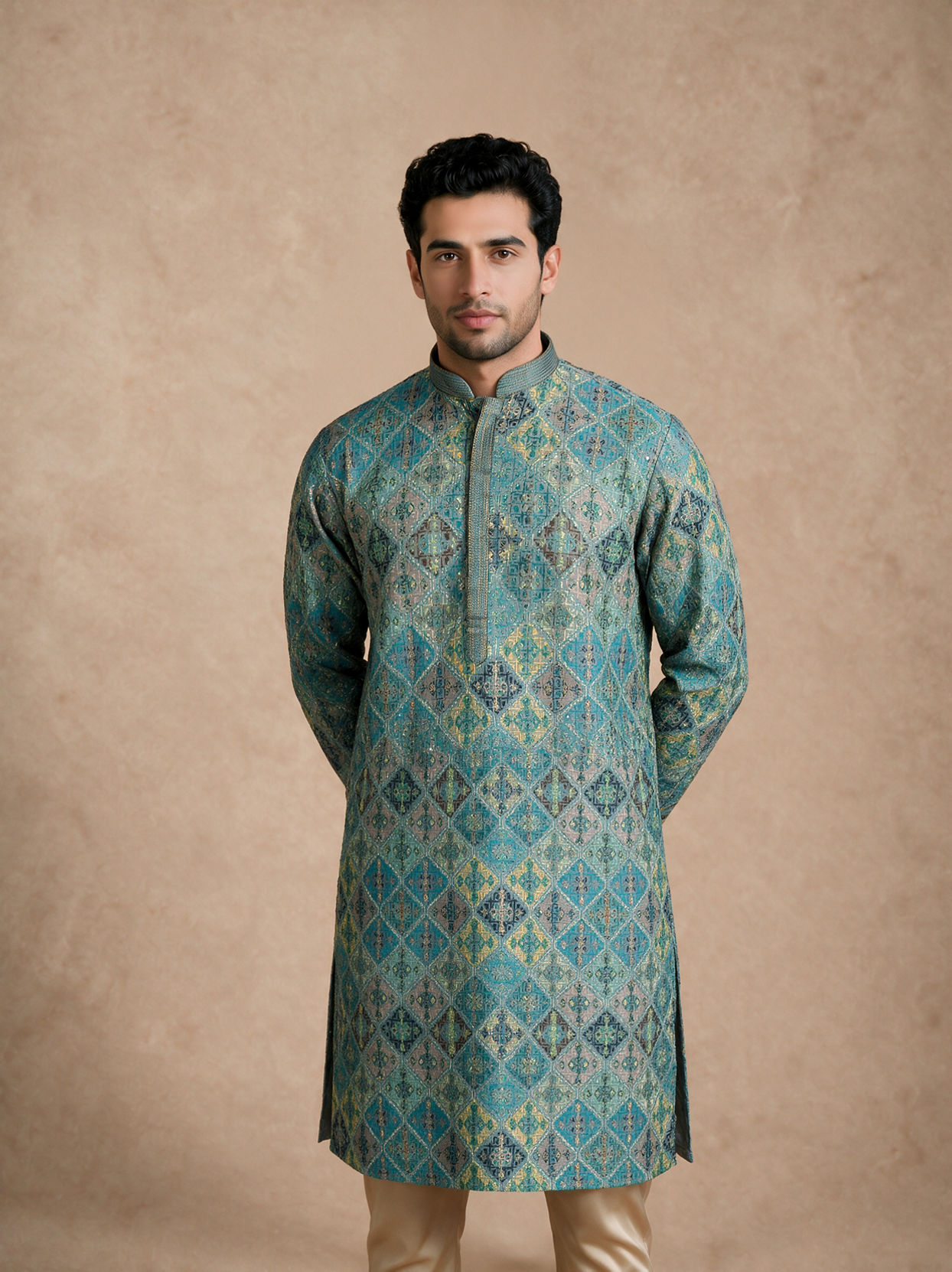 Manyavar Men Green Chikankari Blended Cotton Kurta Pajama Set