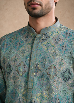 Manyavar Men Green Chikankari Blended Cotton Kurta Pajama Set