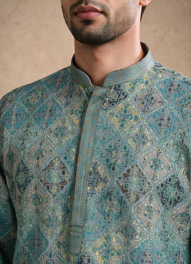 Manyavar Men Green Chikankari Blended Cotton Kurta Pajama Set