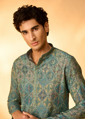 Manyavar Men Green Chikankari Blended Cotton Kurta Pajama Set