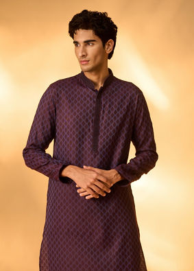 Manyavar Men Purple Blended Viscose Self-Textured Kurta Pajama Set