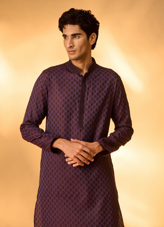 Manyavar Men Purple Blended Viscose Self-Textured Kurta Pajama Set