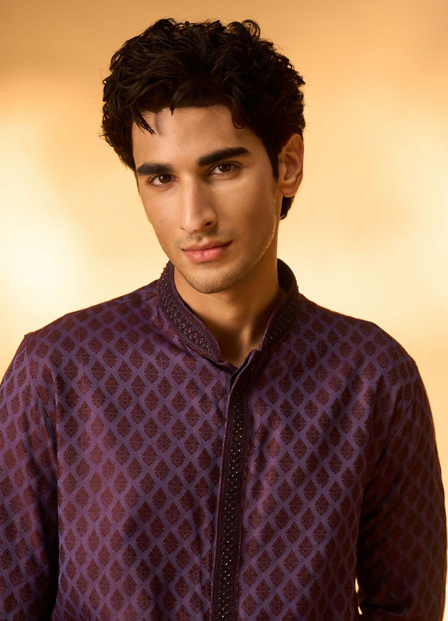 Manyavar Men Purple Blended Viscose Self-Textured Kurta Pajama Set