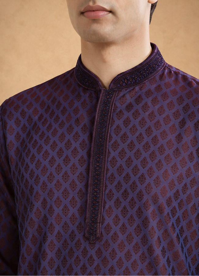 Manyavar Men Purple Blended Viscose Self-Textured Kurta Pajama Set