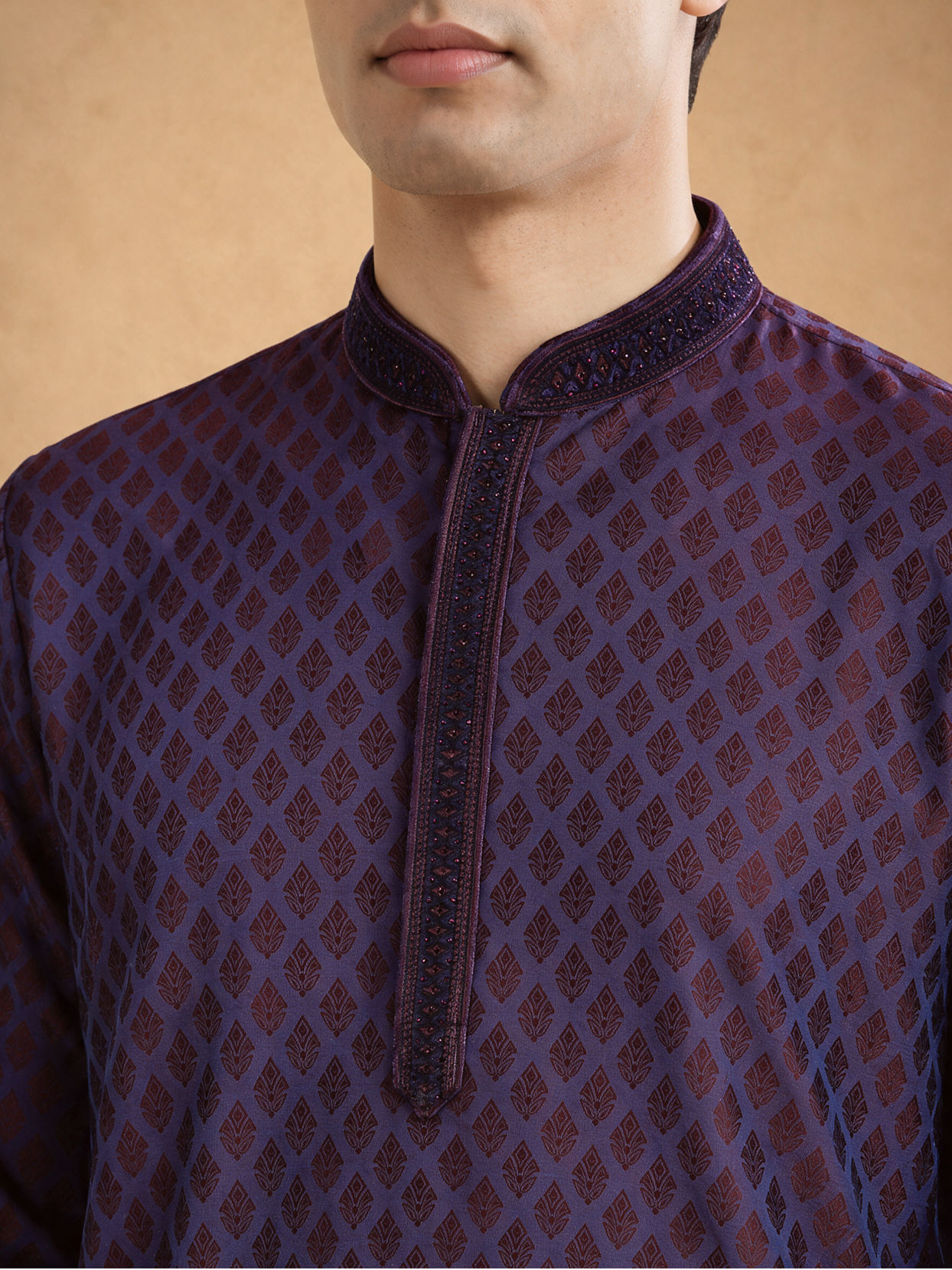 Manyavar Men Purple Blended Viscose Self-Textured Kurta Pajama Set