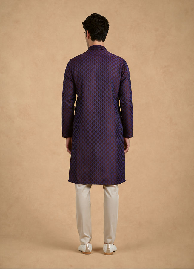 Manyavar Men Purple Blended Viscose Self-Textured Kurta Pajama Set