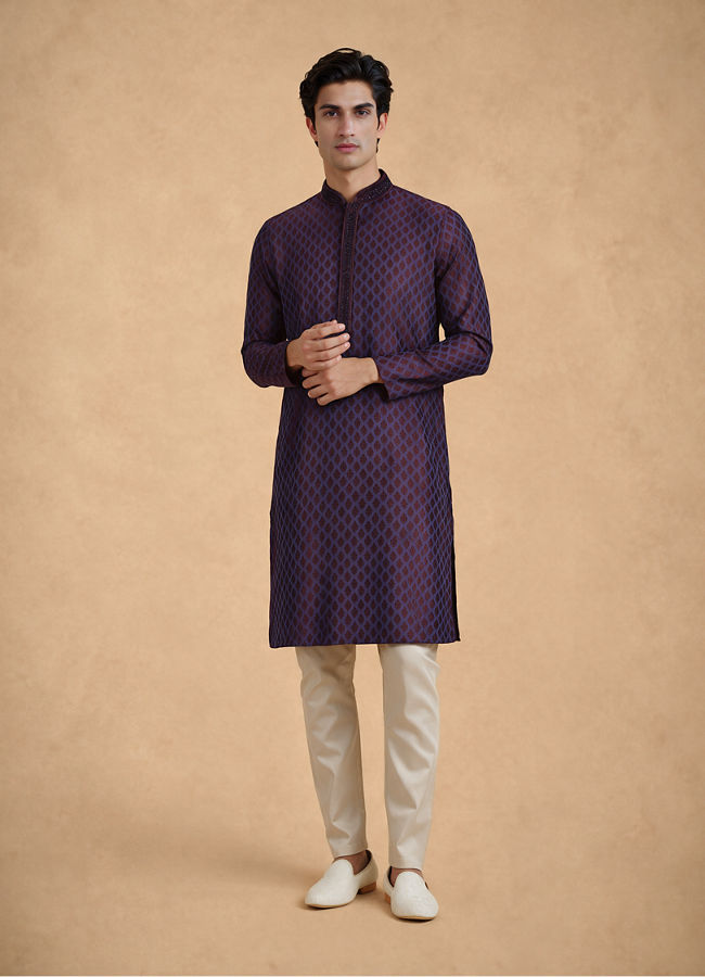 Manyavar Men Purple Blended Viscose Self-Textured Kurta Pajama Set